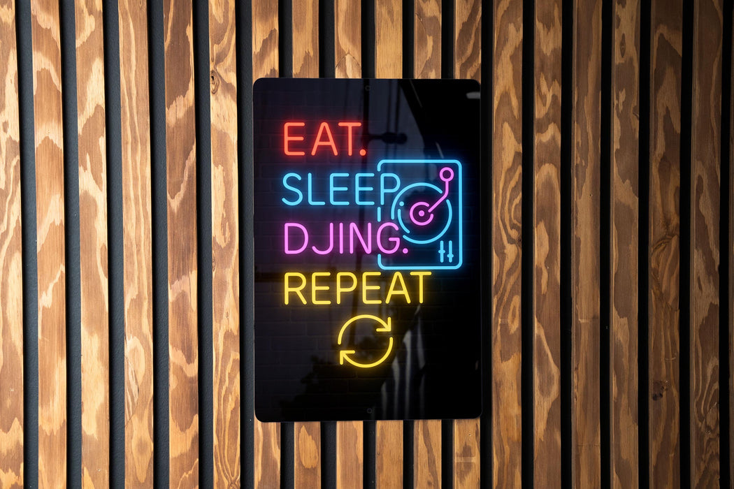A neon sign with the text "EAT. SLEEP. DJING. REPEAT" displayed on a wooden wall.