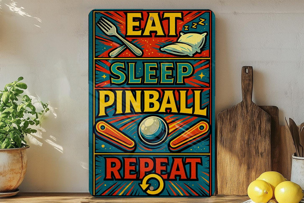 a colorful sign with the text "EAT SLEEP PINBALL REPEAT" in a vibrant, comic book-style design.