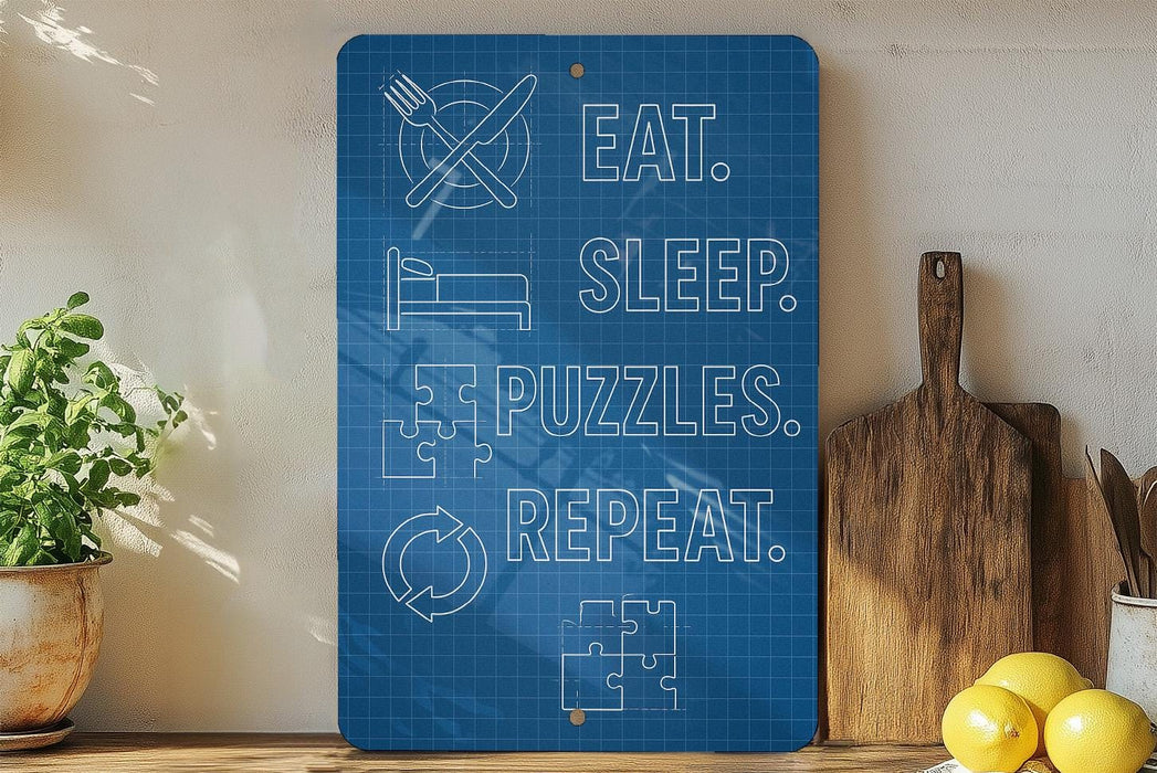 a blue sign with white text and icons, placed on a wooden surface next to a wooden cutting board and some fruit.