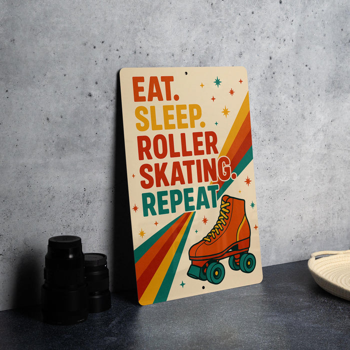 A sign with the text "EAT. SLEEP. ROLLER SKATING. REPEAT" and an illustration of a roller skate on a rainbow background.