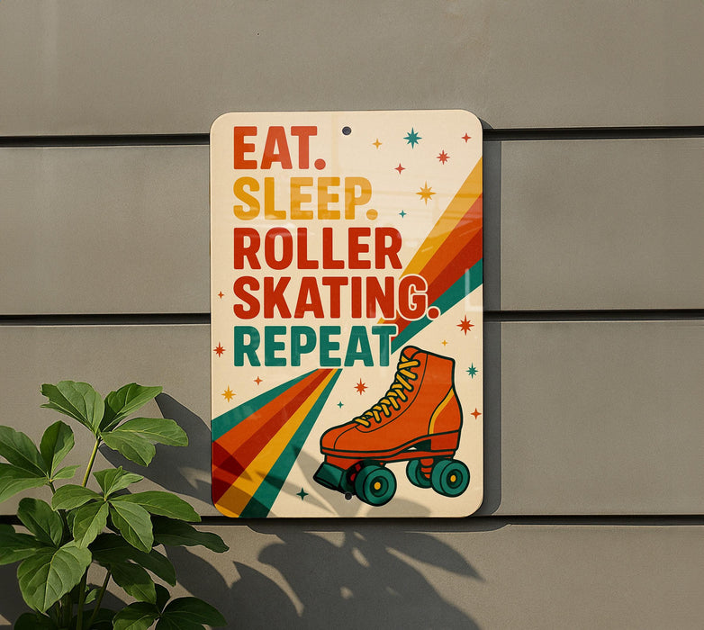 a sign with a roller skating theme, featuring a roller skate and colorful text.
