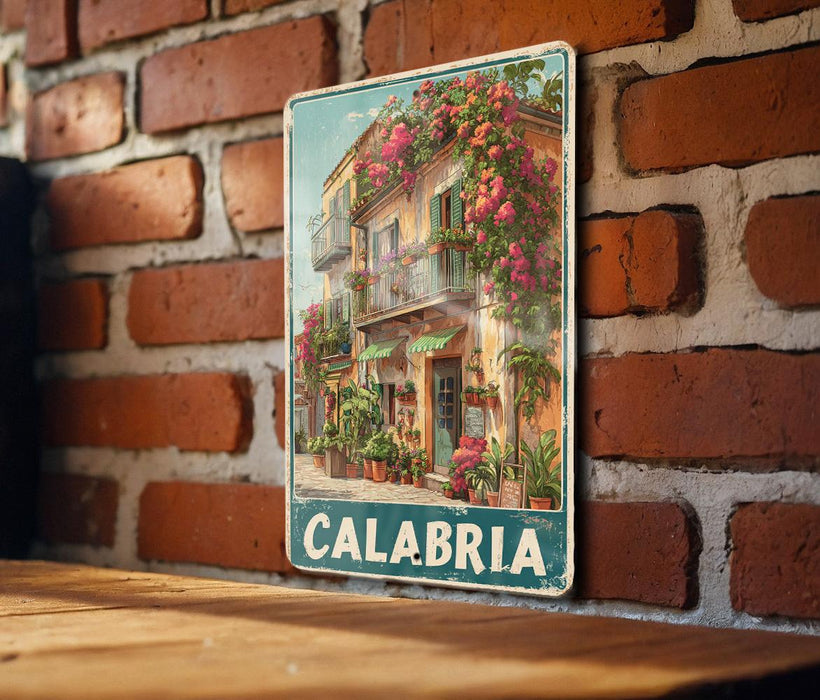 A vintage metal sign with a colorful illustration of a building with flowers on the wall, mounted on a brick wall.