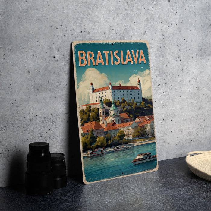 A vintage-style metal sign displaying the image of Bratislava, the capital city of Slovakia, with a castle and river in the background.