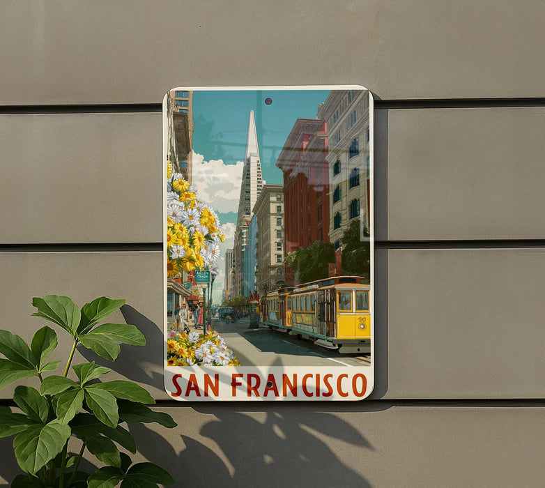 A framed vintage-style photograph of a street scene in San Francisco, with a yellow trolley car and colorful flowers in the foreground.
