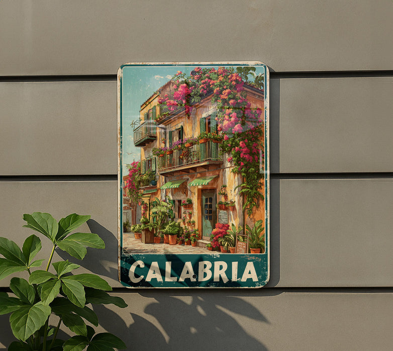 A vintage metal sign with a colorful illustration of a building with balconies and flowers, mounted on a wall.