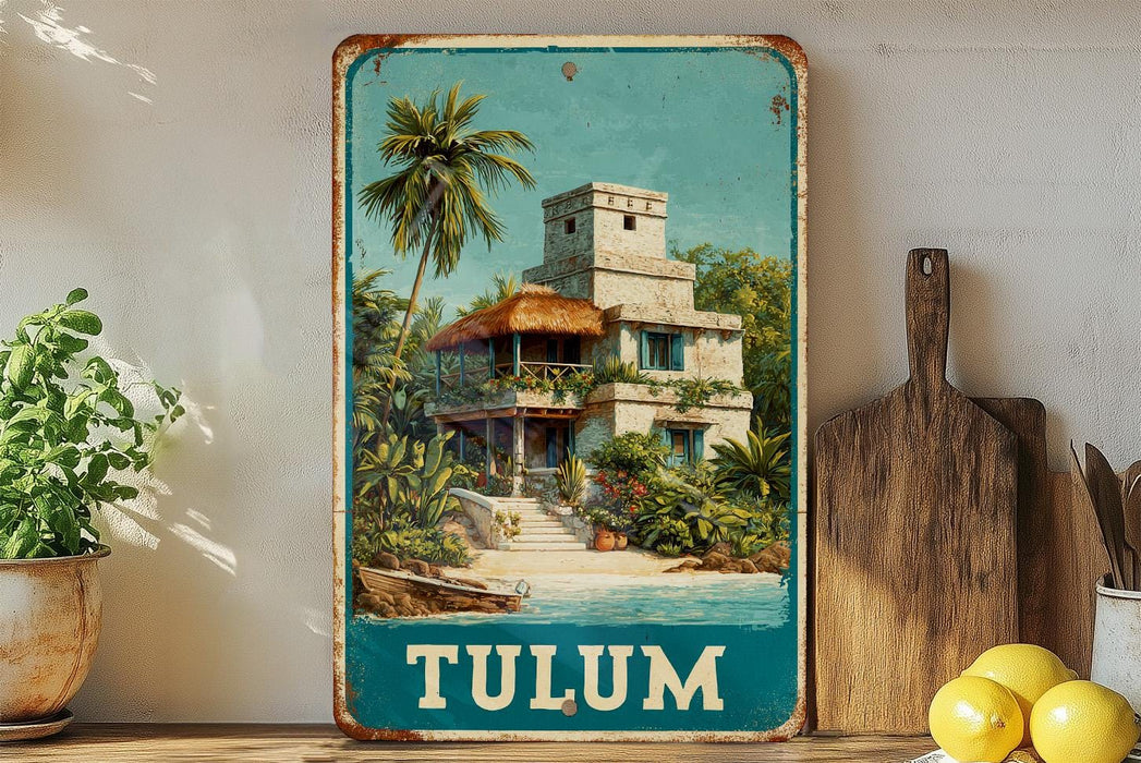 A vintage-style metal sign with a tropical house illustration, placed on a wooden shelf next to a wooden cutting board and some potted plants.