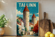 A vintage-style poster of Tallinn, the capital city of Estonia, featuring two castle towers and a colorful, picturesque street scene.