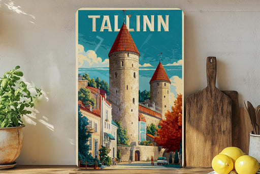 A vintage-style poster of Tallinn, the capital city of Estonia, featuring two castle towers and a colorful, picturesque street scene.