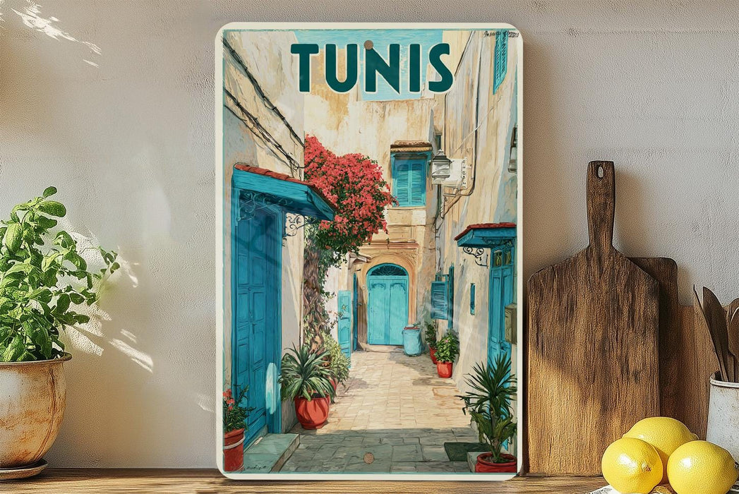 A framed poster of a colorful street scene in Tunisia, featuring blue doors, red flowers, and a cobblestone path.