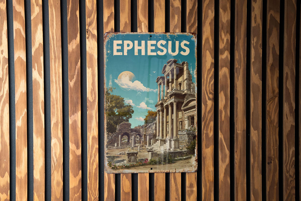 A vintage metal sign with the word "EPHESUS" on it, featuring an illustration of an ancient Greek temple or ruins.