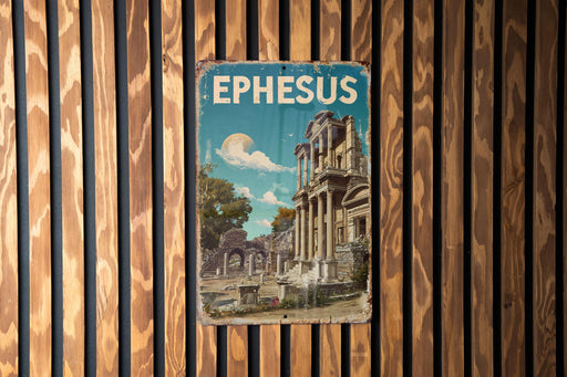 A vintage metal sign with the word "EPHESUS" on it, featuring an illustration of an ancient Greek temple or ruins.