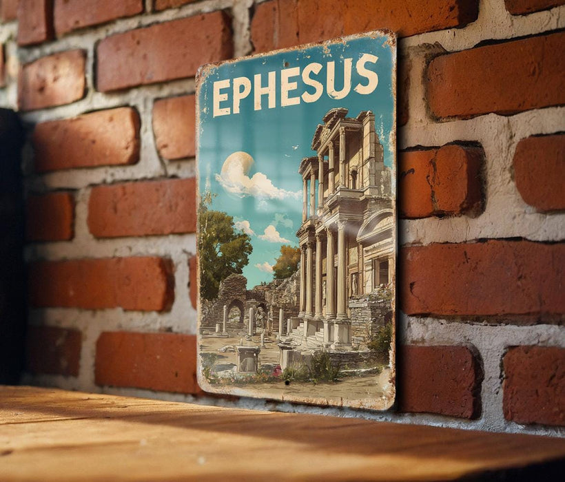 A vintage-style metal sign with the word "EPHESUS" displayed prominently, featuring an illustration of an ancient Greek temple or ruins.