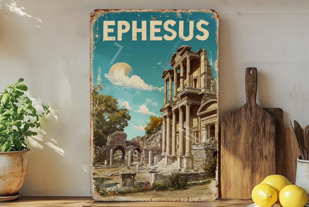 A vintage-style metal sign with the word "EPHESUS" displayed prominently, featuring an illustration of an ancient Greek temple or ruins against a blue sky with a full moon.