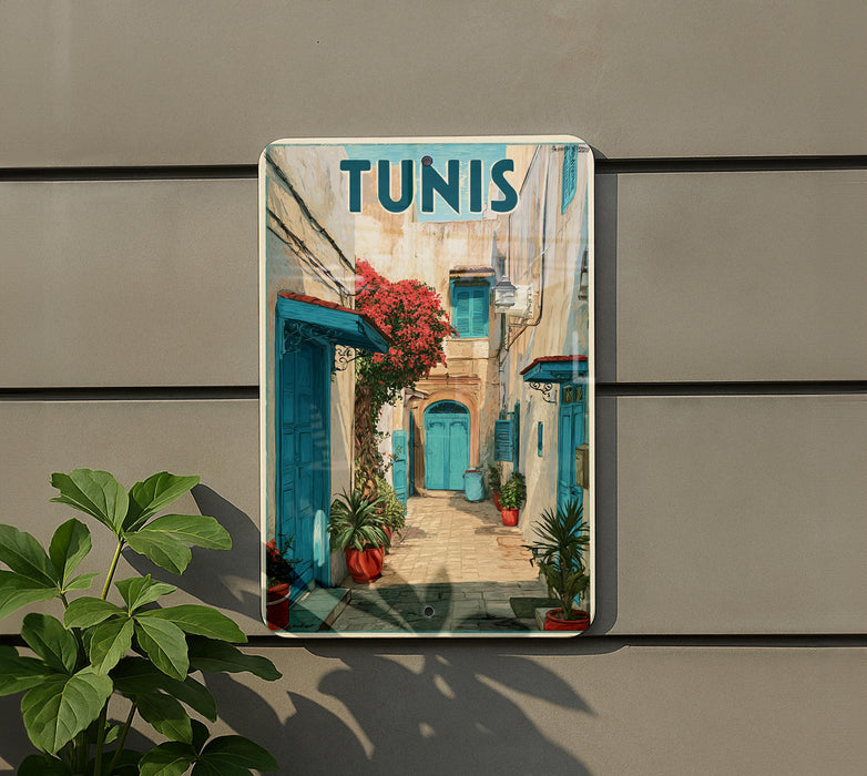 A framed image of a narrow street in Tunisia, featuring colorful buildings, flowers, and potted plants.