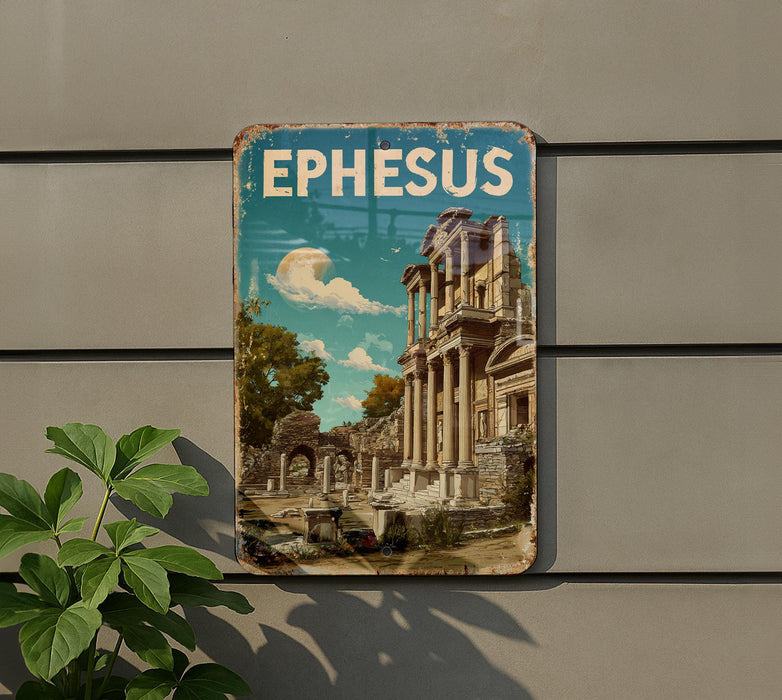 A vintage-style metal sign with the word "EPHESUS" displayed prominently, featuring an image of an ancient Greek temple or ruins.