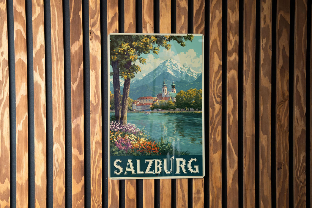 A vintage-style poster of Salzburg, Austria, featuring a scenic landscape with a mountain, trees, and a river, is displayed on a wooden wall.
