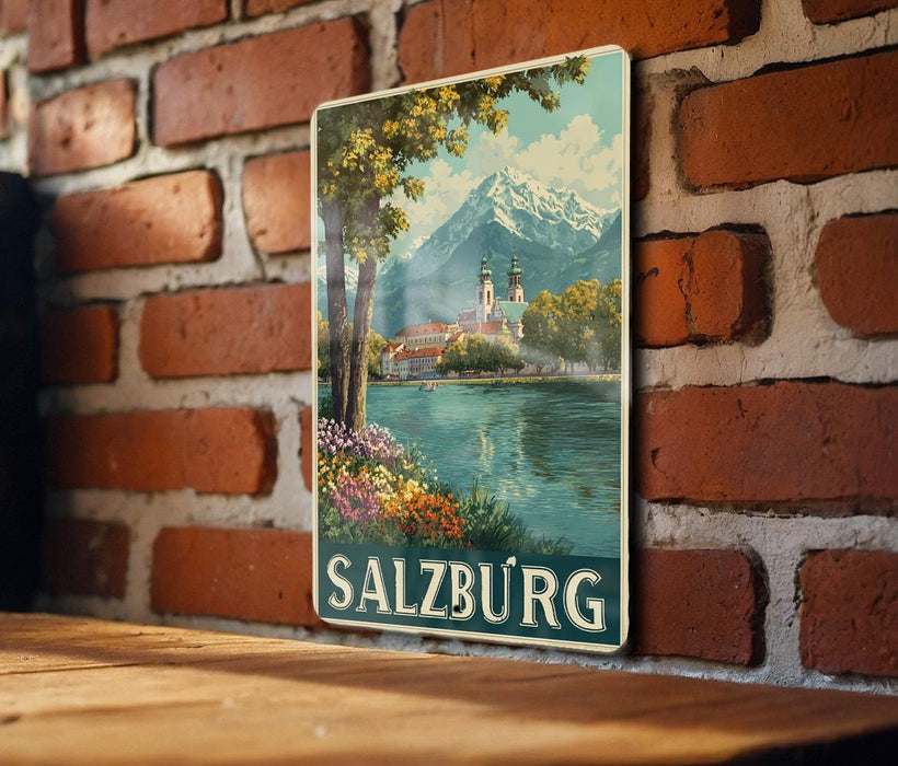 A vintage-style metal sign displaying a scenic landscape of Salzburg, Austria, with a mountain and a church in the background.