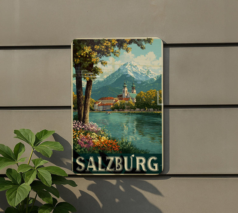 A vintage-style poster of Salzburg, Austria, featuring a scenic landscape with a mountain, church, and river, is displayed on a wall.