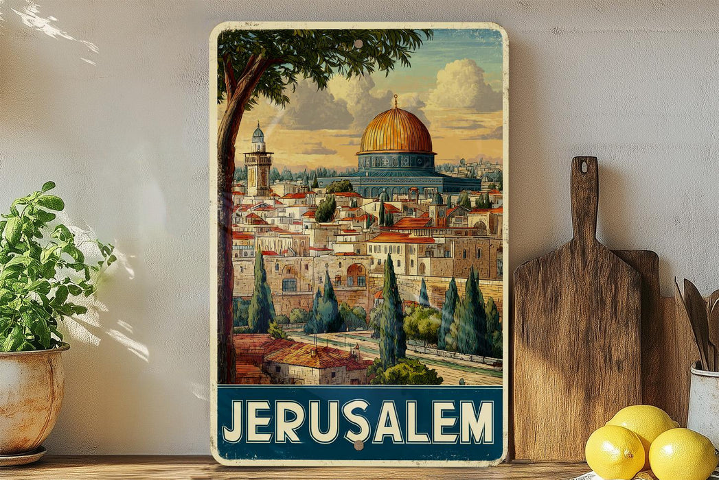 A vintage-style poster of Jerusalem, featuring the iconic Dome of the Rock, is displayed on a wall next to a wooden cutting board and some potted plants.