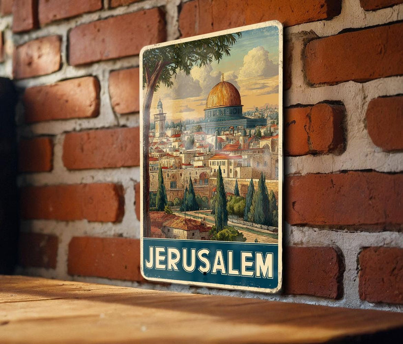 A vintage-style poster of Jerusalem, featuring the iconic Dome of the Rock, is displayed on a brick wall.
