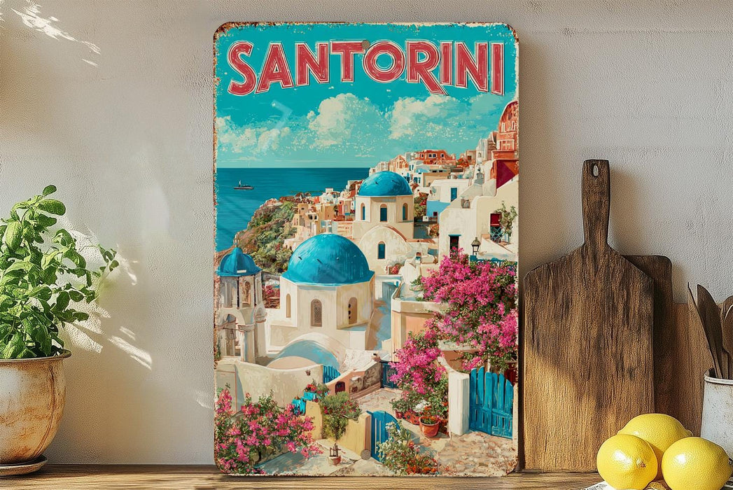 A vintage-style poster of Santorini, Greece, featuring colorful buildings, blue domes, and a scenic view of the Mediterranean Sea.