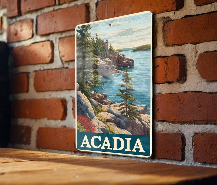 A metal sign with a scenic image of a coastal landscape in Acadia National Park, Maine, hanging on a brick wall.