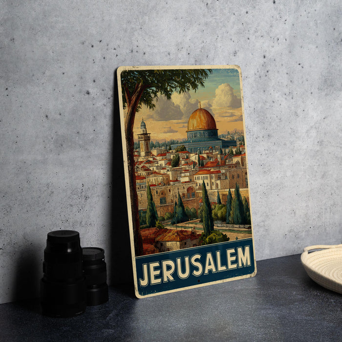 A vintage-style metal poster depicting the city of Jerusalem, with the city's iconic dome and buildings visible.