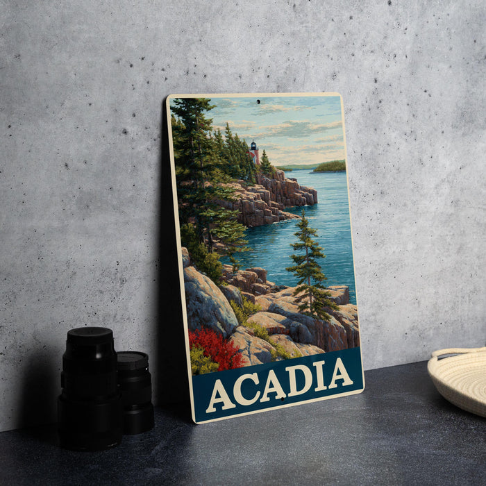 A framed vintage-style photograph of a coastal landscape in Acadia National Park, Maine, with a lighthouse and pine trees in the background.