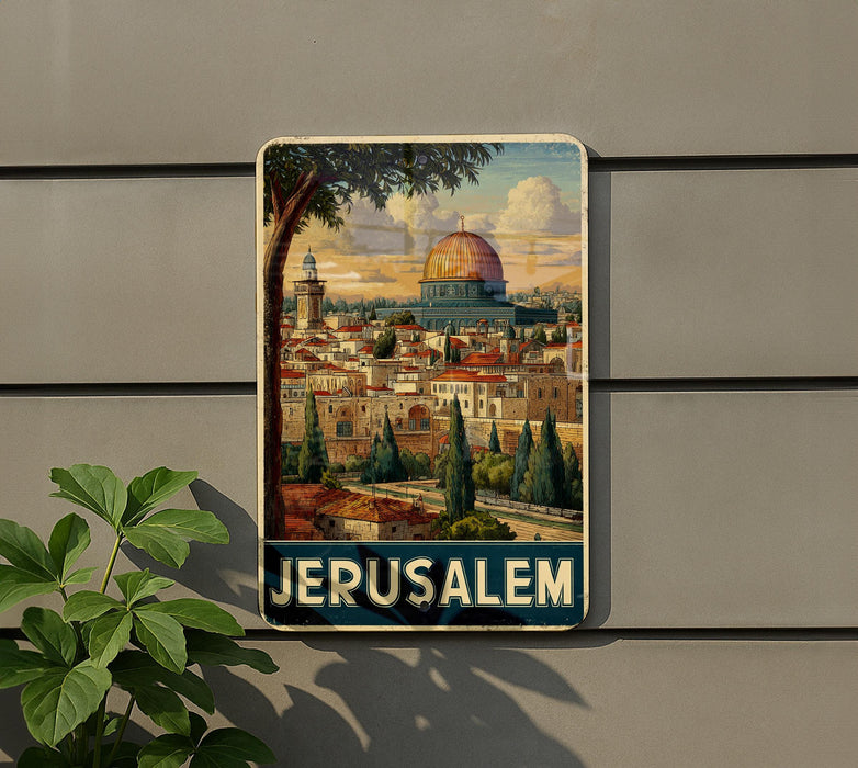 A vintage-style poster of Jerusalem, featuring the iconic Dome of the Rock, is displayed on a wall.