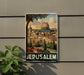 A vintage-style poster of Jerusalem, featuring the iconic Dome of the Rock, is displayed on a wall.