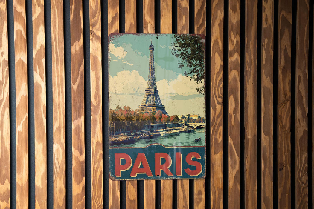 A vintage-style metal sign depicting the Eiffel Tower in Paris, France, is displayed on a wooden wall.