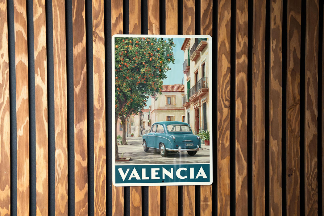 A vintage-style poster of a car parked on a street in a Spanish town, with a tree and buildings in the background.