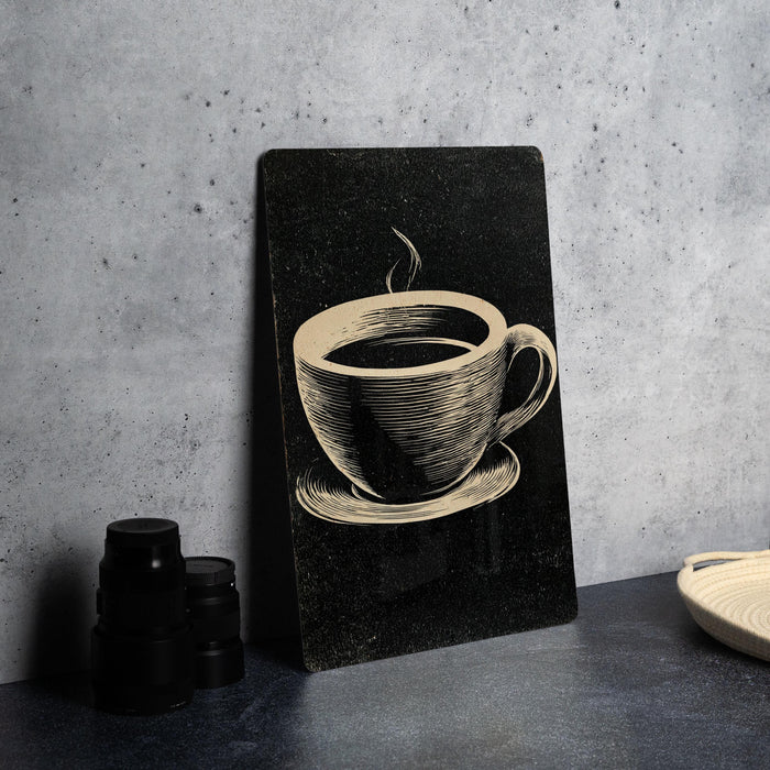 A black and white illustration of a cup of coffee on a dark background, accompanied by a stack of black camera lenses and a woven basket.