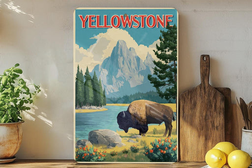 A vintage-style poster of Yellowstone National Park, featuring a bison in a grassy field with mountains in the background.