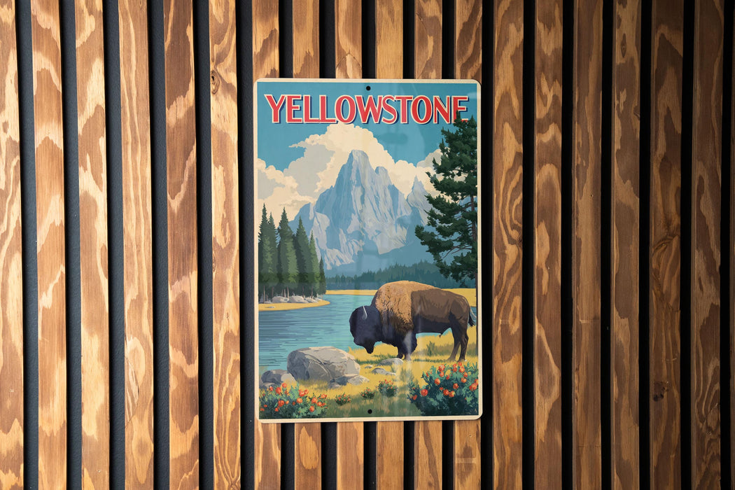 A vintage-style poster of Yellowstone National Park, featuring a bison grazing in the foreground with a mountain range in the background.