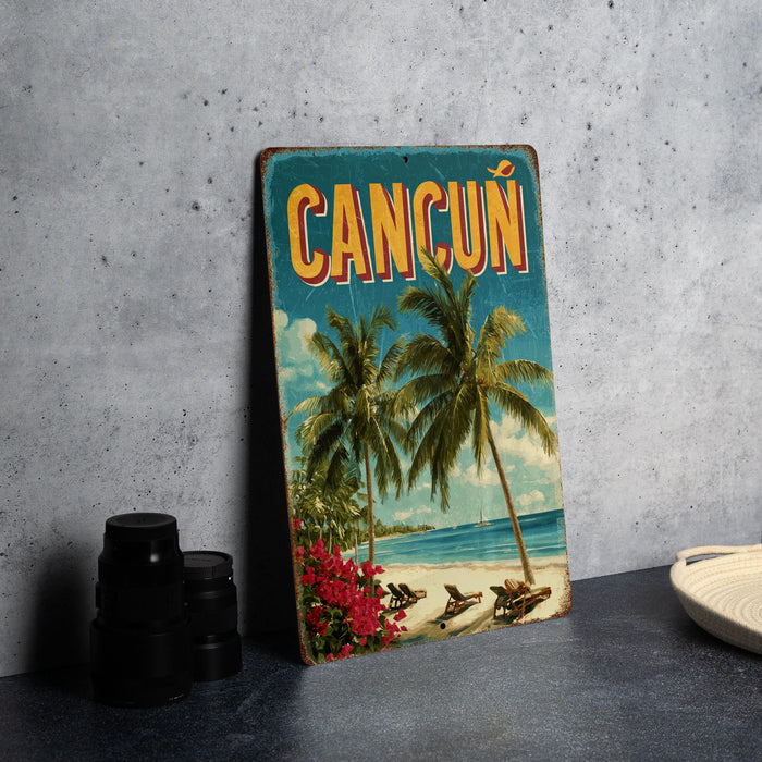 A vintage-style sign for Cancun, featuring palm trees, a beach, and a clear blue sky, is displayed on a gray wall.