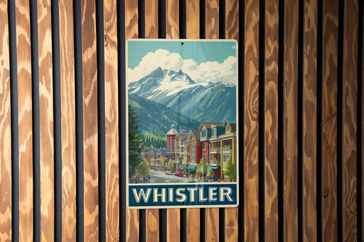 A vintage-style poster of Whistler, a mountain town in British Columbia, Canada, is displayed on a wooden wall.