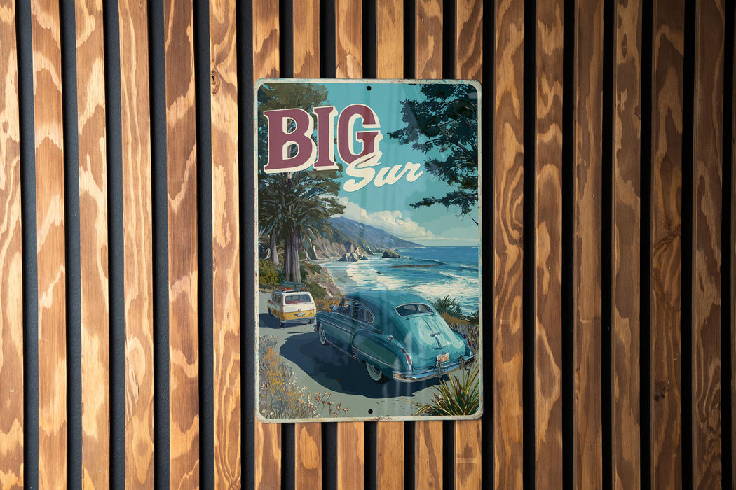 A vintage-style sign with the word "BIG SUR" prominently displayed, featuring a scenic coastal landscape with palm trees, a car, and a body of water.