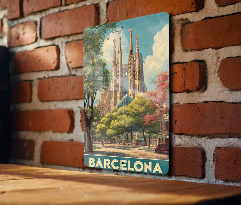 A vintage-style metal sign depicting the Sagrada Familia, a famous Roman Catholic church in Barcelona, Spain.