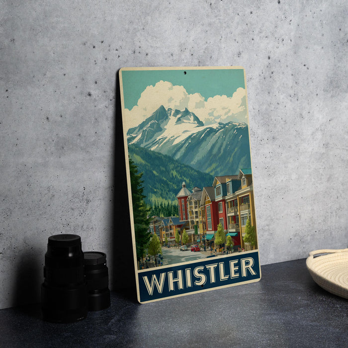 A vintage-style metal sign depicting a mountain town in Whistler, British Columbia, Canada.