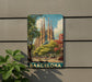 A metal sign displaying a picture of the Sagrada Familia, a famous Roman Catholic church in Barcelona, Spain.