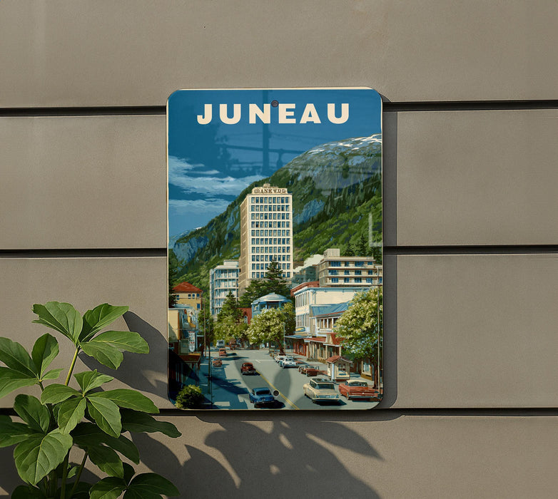 A vintage-style poster of Juneau, the capital city of the state of Montana, USA, featuring a cityscape with buildings, cars, and mountains in the background.