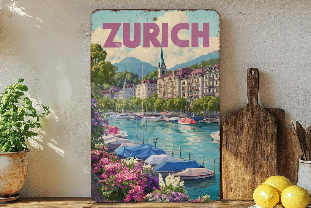 A vintage-style metal sign with a colorful illustration of a cityscape and a river, featuring boats and flowers, is displayed on a shelf next to a wooden cutting board and some potted plants.