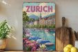 A vintage-style metal sign with a colorful illustration of a cityscape and a river, featuring boats and flowers, is displayed on a shelf next to a wooden cutting board and some potted plants.