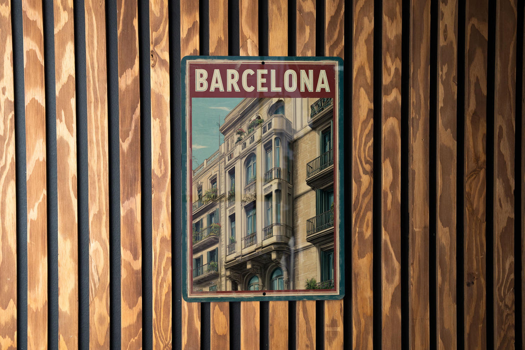 A vintage-style poster of a building with balconies, hanging on a wooden wall.