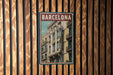 A vintage-style poster of a building with balconies, hanging on a wooden wall.