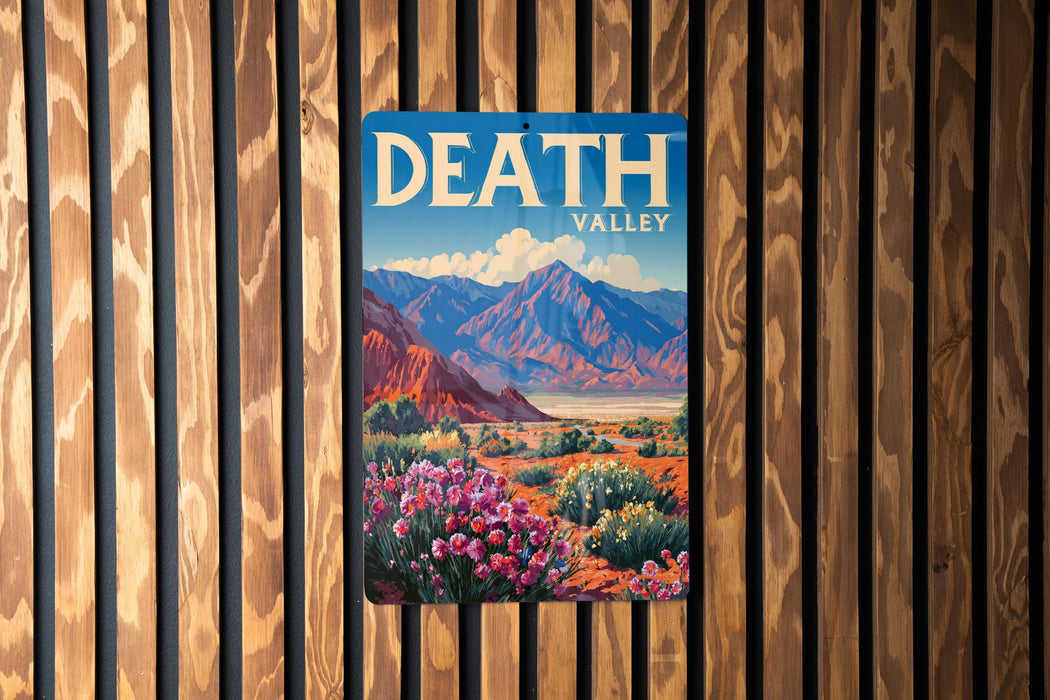 A vintage-style metal sign with the text "DEATH VALLEY" is displayed on a wooden wall, featuring a scenic mountain landscape with colorful flowers.