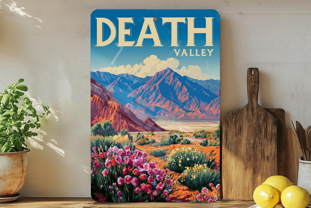 A framed vintage-style poster of Death Valley, a famous desert region in California, is displayed on a wall next to a wooden cutting board and some potted plants.