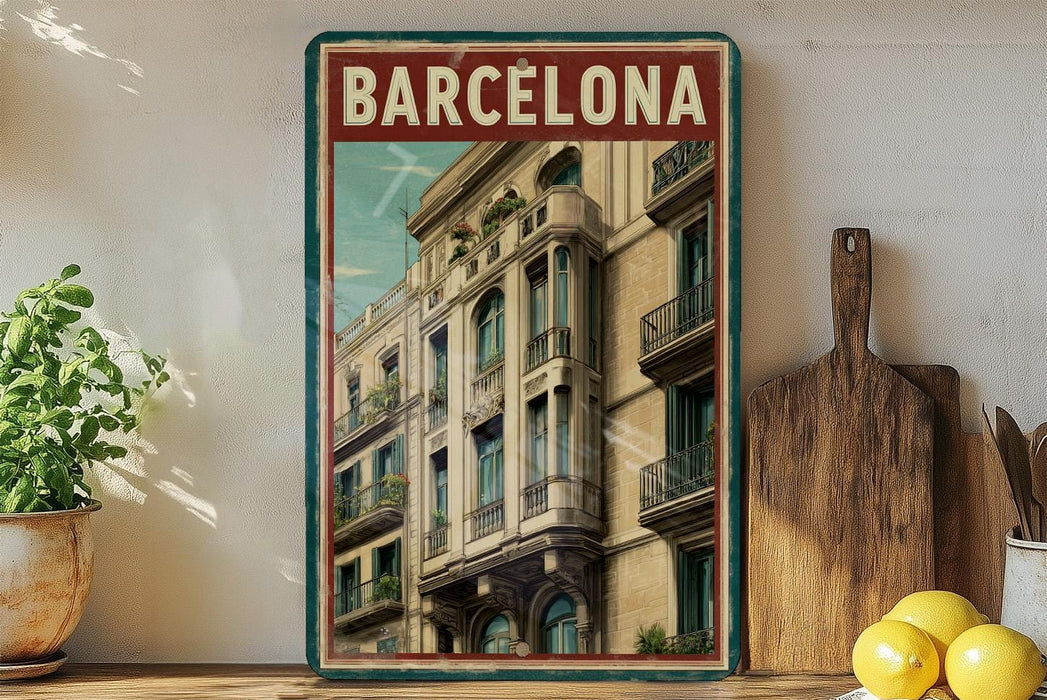 A framed vintage poster of a building in Barcelona, Spain, displayed on a shelf next to a wooden cutting board and some lemons.