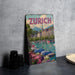 A vintage-style metal sign with the word "ZURICH" prominently displayed, featuring a scenic image of a harbor with boats and buildings in the background.
